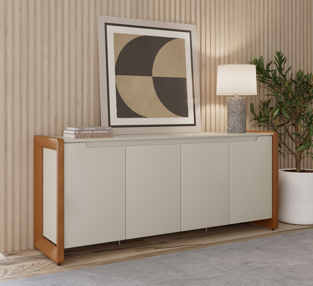 Balcão Buffet Bristol Província 188cm 4 Portas Off White Fosco e Natural