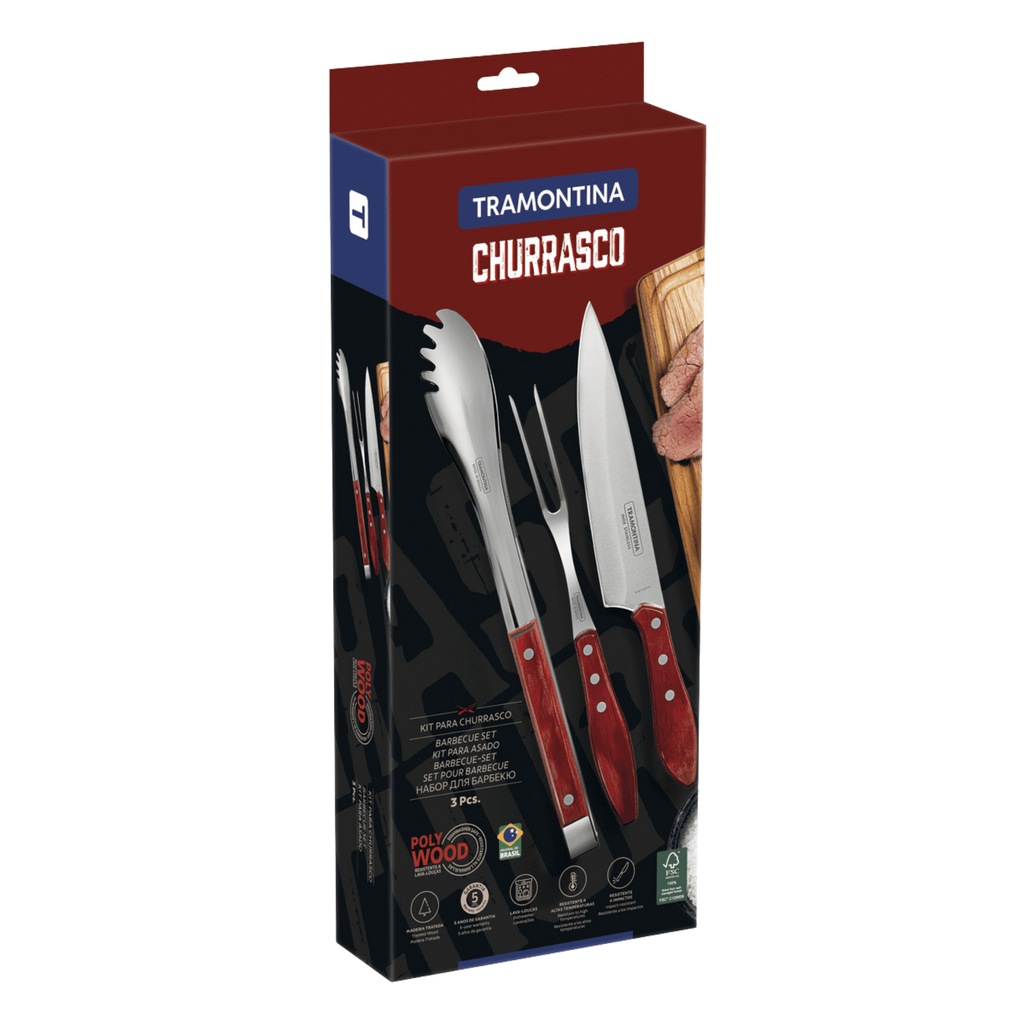 Jogo para Churrasco Tramontina 3 Peças Cabos em Madeira Tratada Polywood Vermelho
