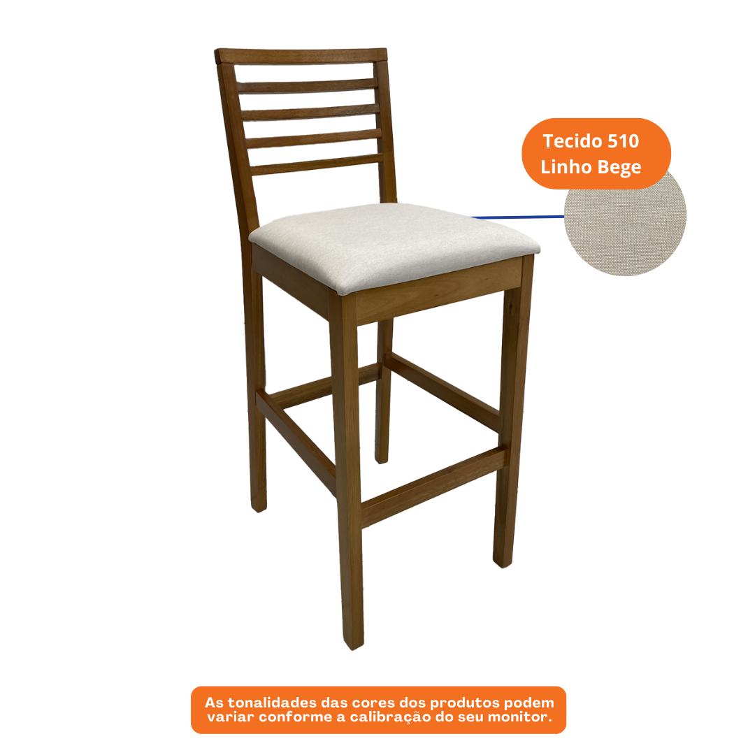 Banqueta Alta Eco Artsoli Castanho Claro com Encosto Ripado  Linho Bege