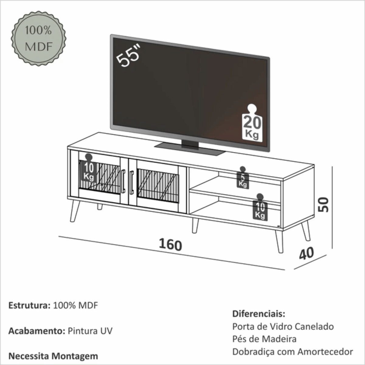 Rack R430C Dalla Costa 160cm 2 Portas Carvalho Rosé