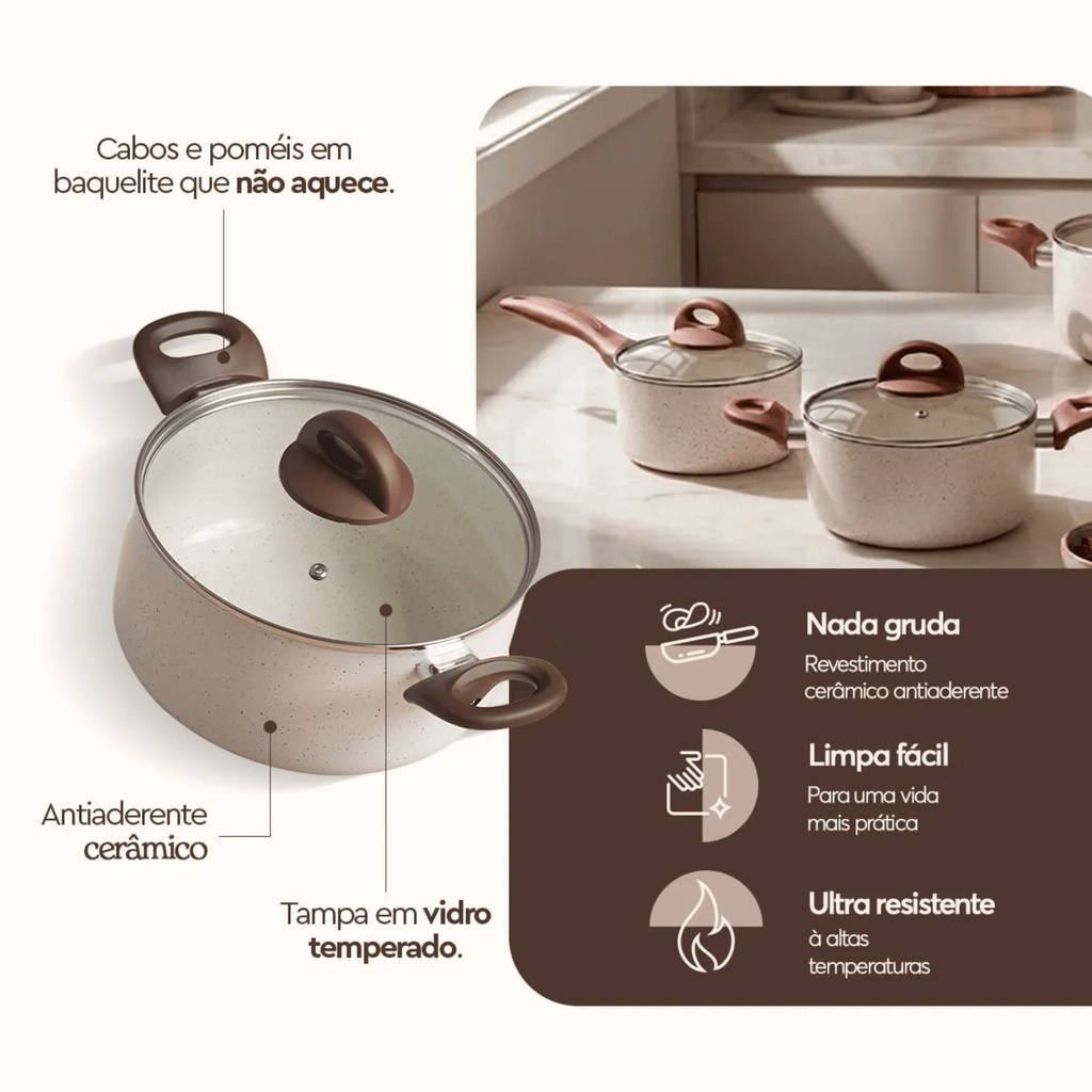 Jogo de Panelas Ceramic Life Brinox 5 Peças Indução Revestimento em Cerâmica Vanilla