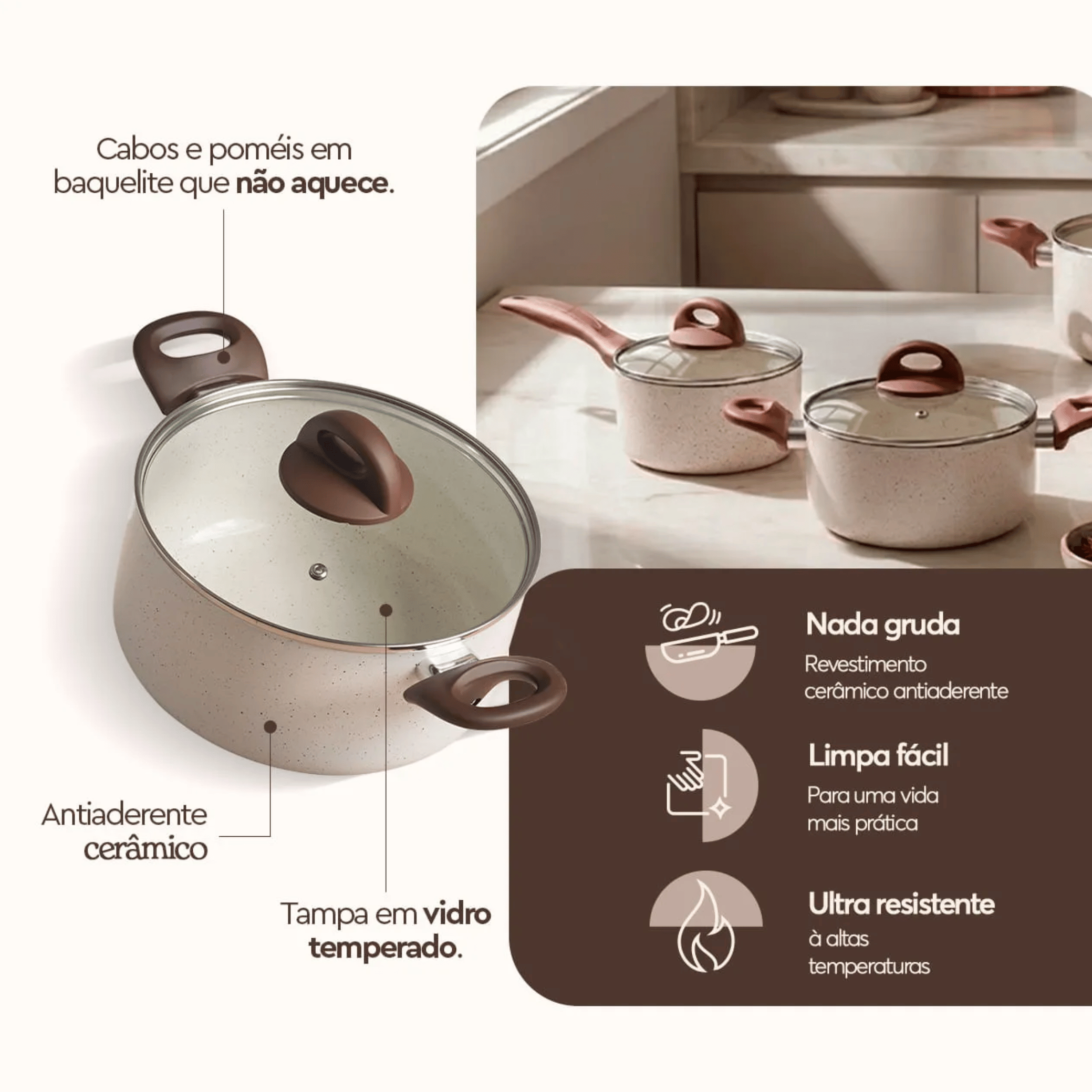 Jogo de Panelas Ceramic Life Brinox 5 Peças Indução Revestimento em Cerâmica Vanilla