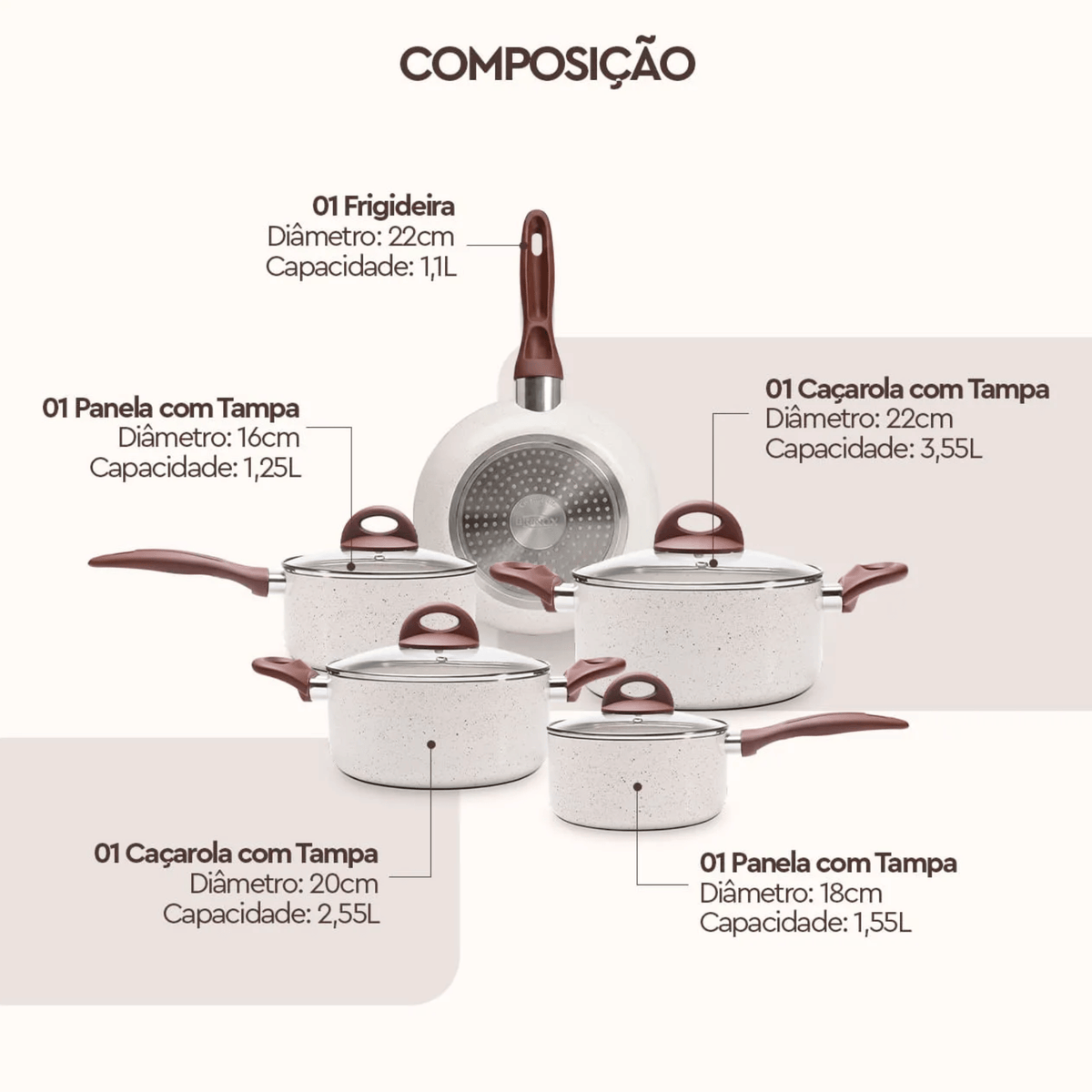 Jogo de Panelas Ceramic Life Brinox 5 Peças Indução Revestimento em Cerâmica Vanilla