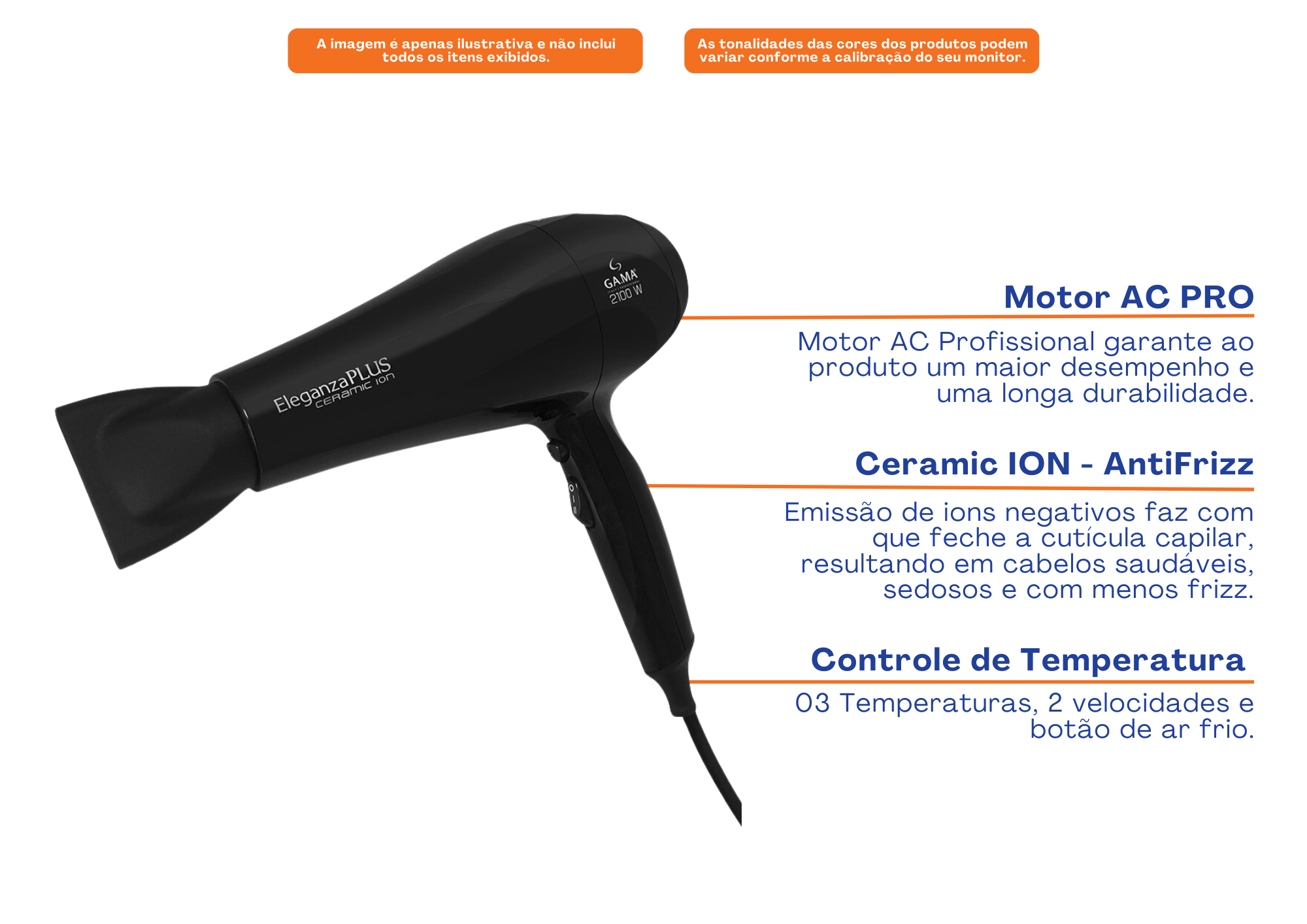 Secador de Cabelo Gama Italy Eleganza Plus Ceramic Ion 2100W Preto 220V
