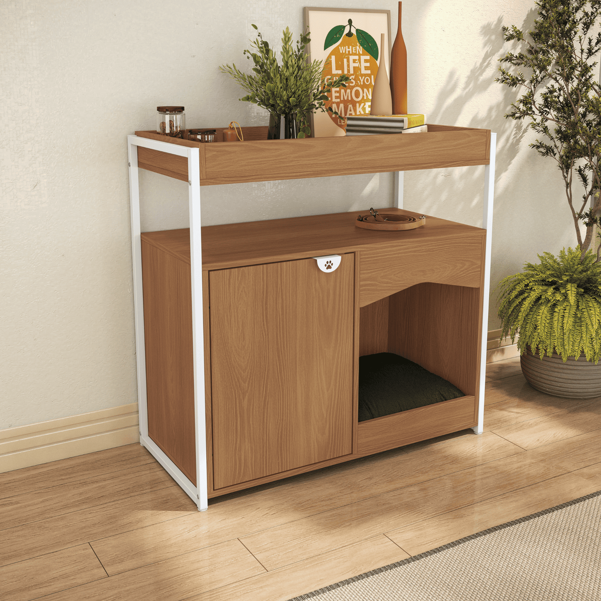 Aparador com Cama Pet LI061 Kappesberg 90cm 1 Porta Canela e Branco