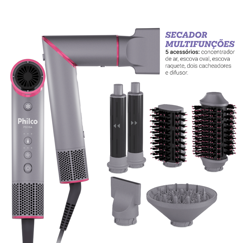 Secador de Cabelo Philco Tecnologia Fast Dry 1450W Cinza e Rosa 220V