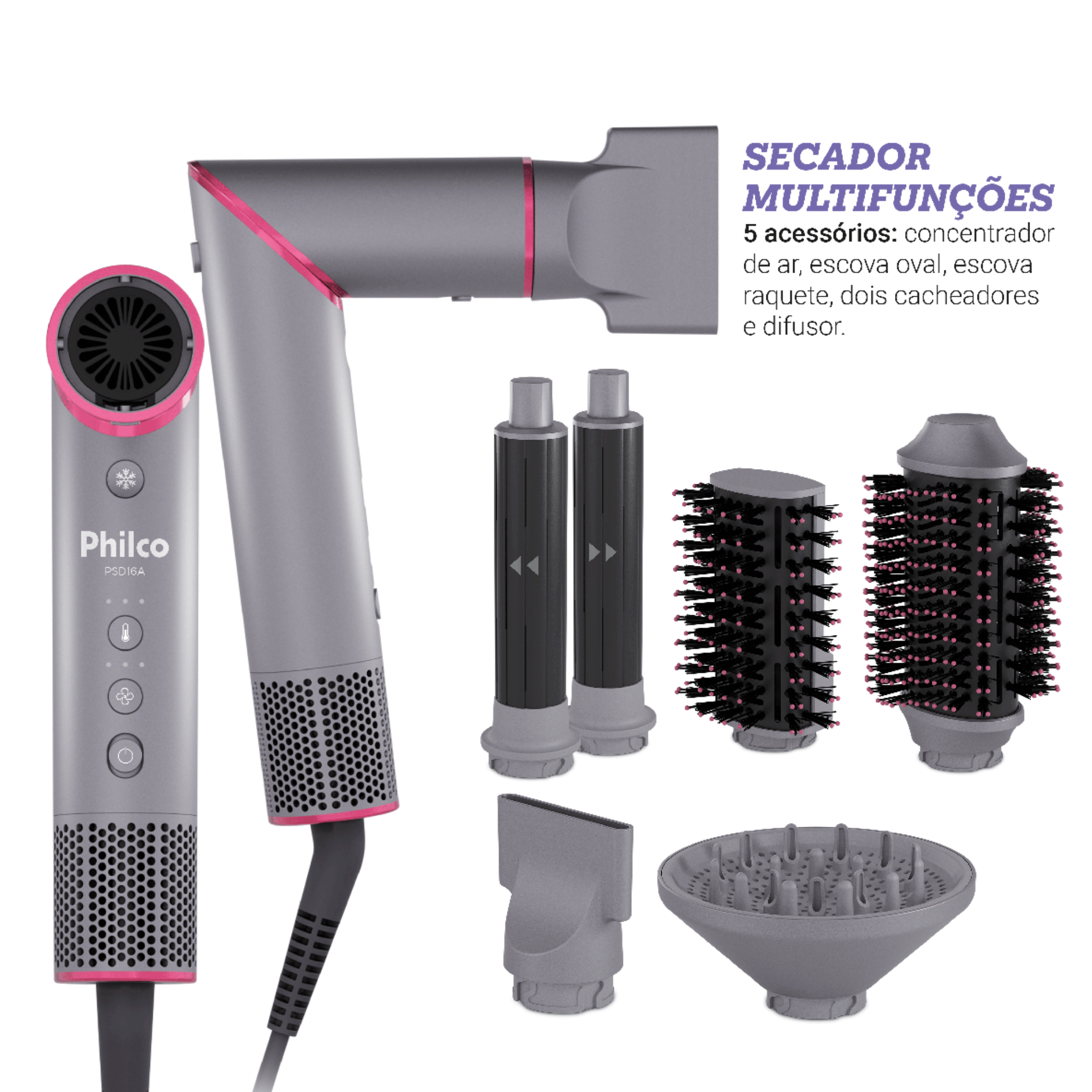 Secador de Cabelo Philco Tecnologia Fast Dry 1450W Cinza e Rosa 220V