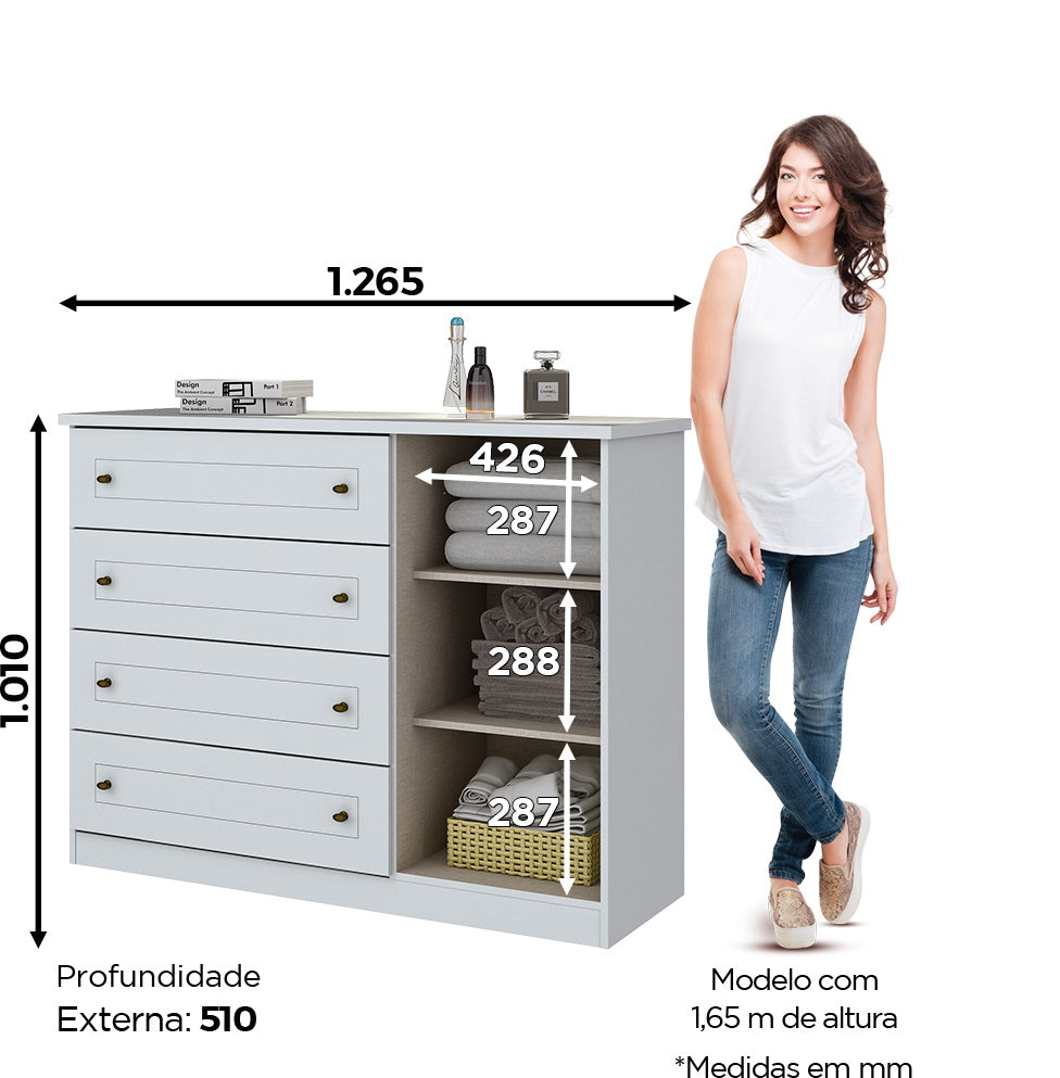 Cômoda Americana Henn 4 Gavetas 1 Porta Branco HP