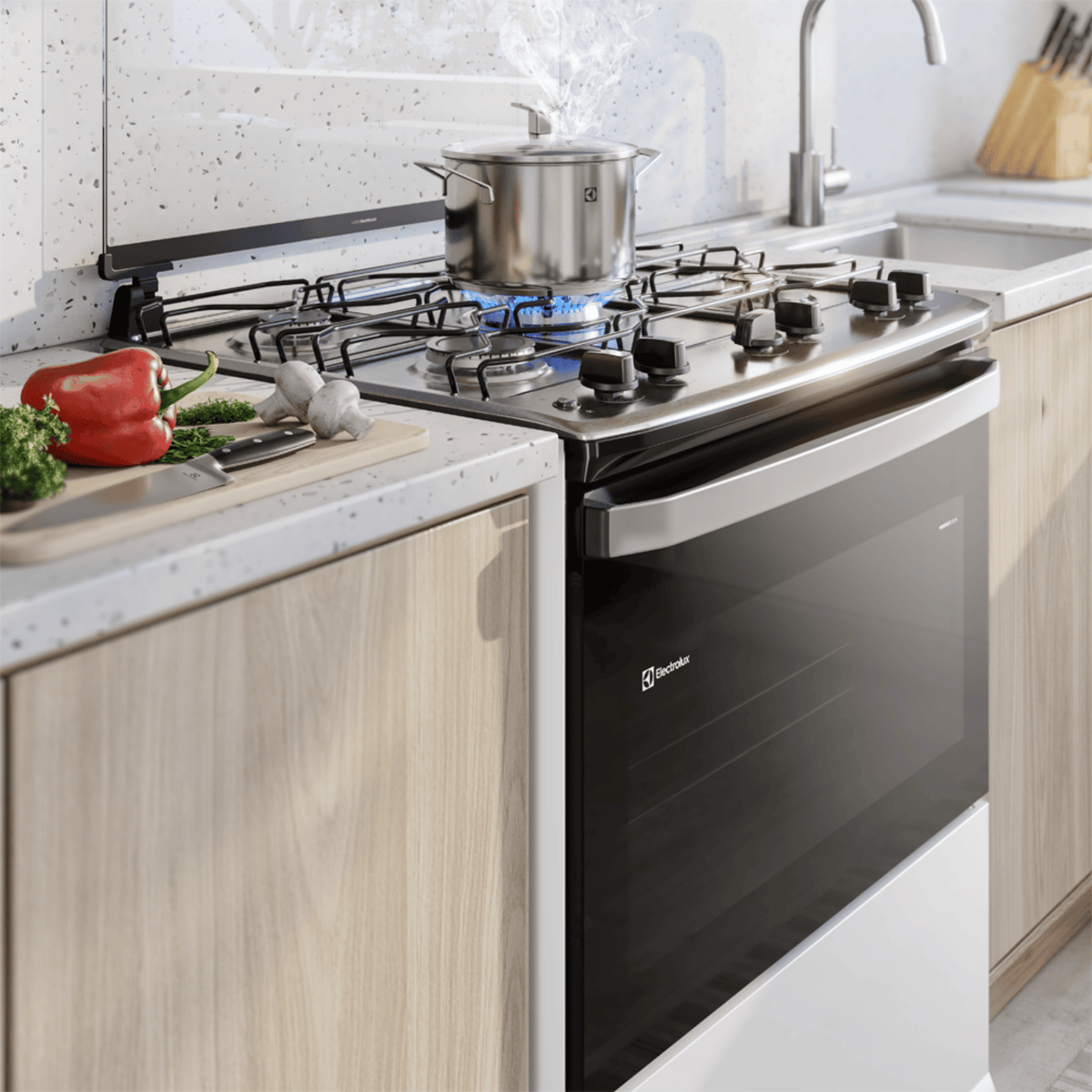 Fogão 5 Bocas Electrolux Efficient FE5IW Piso Mesa de Inox PerfectCook e VaporBake Branco Bivolt