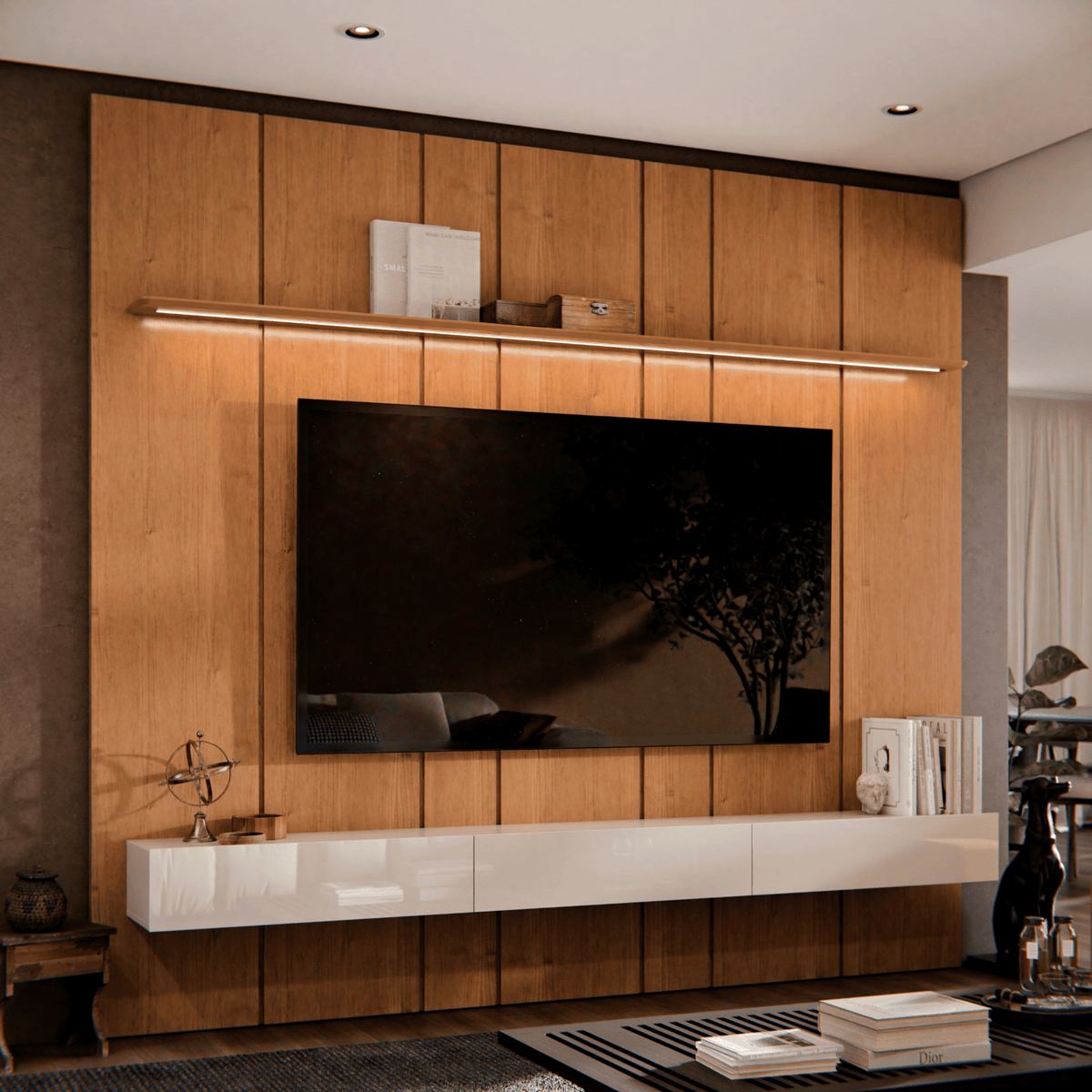 Home Painel Liso Slim Suspenso Imcal 184cm com Led Nature e Off White