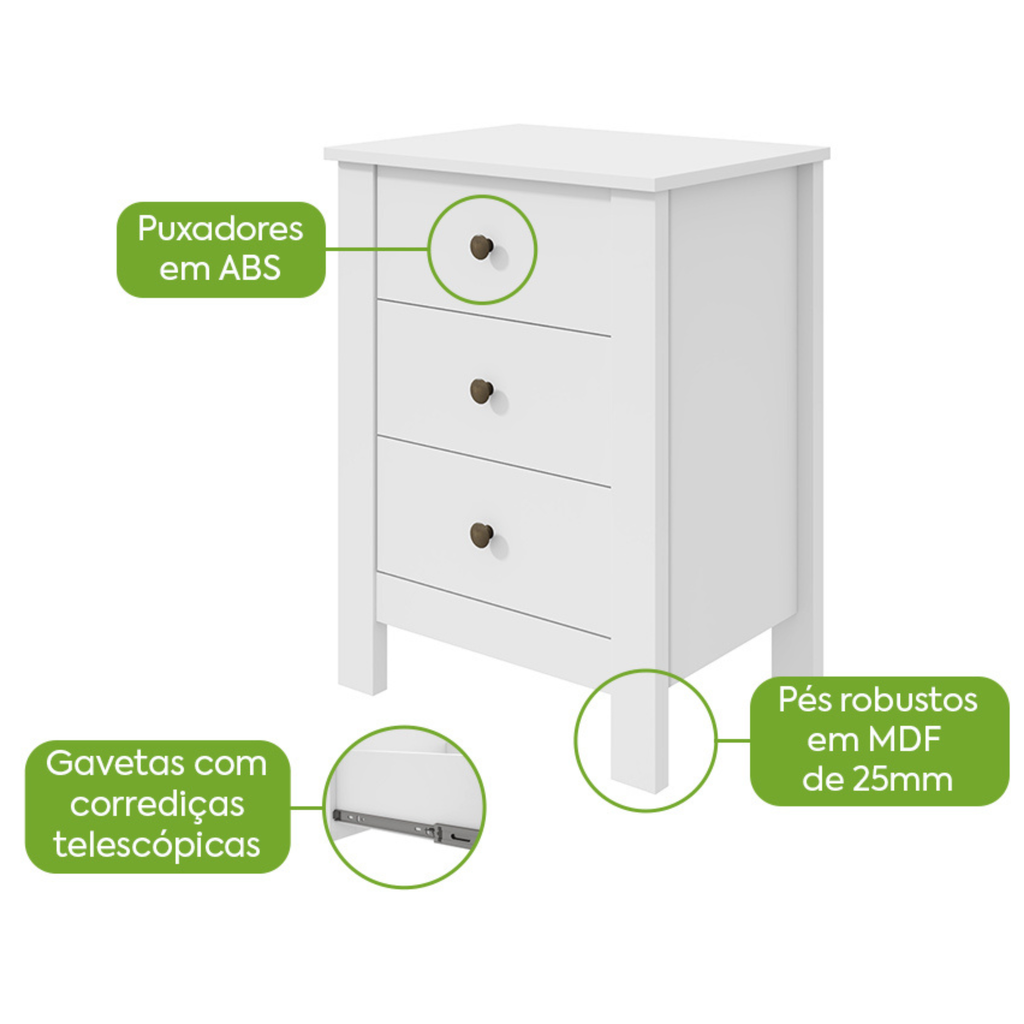 Mesa de Cabeceira Maggiore Lopas 3 Gavetas Branco