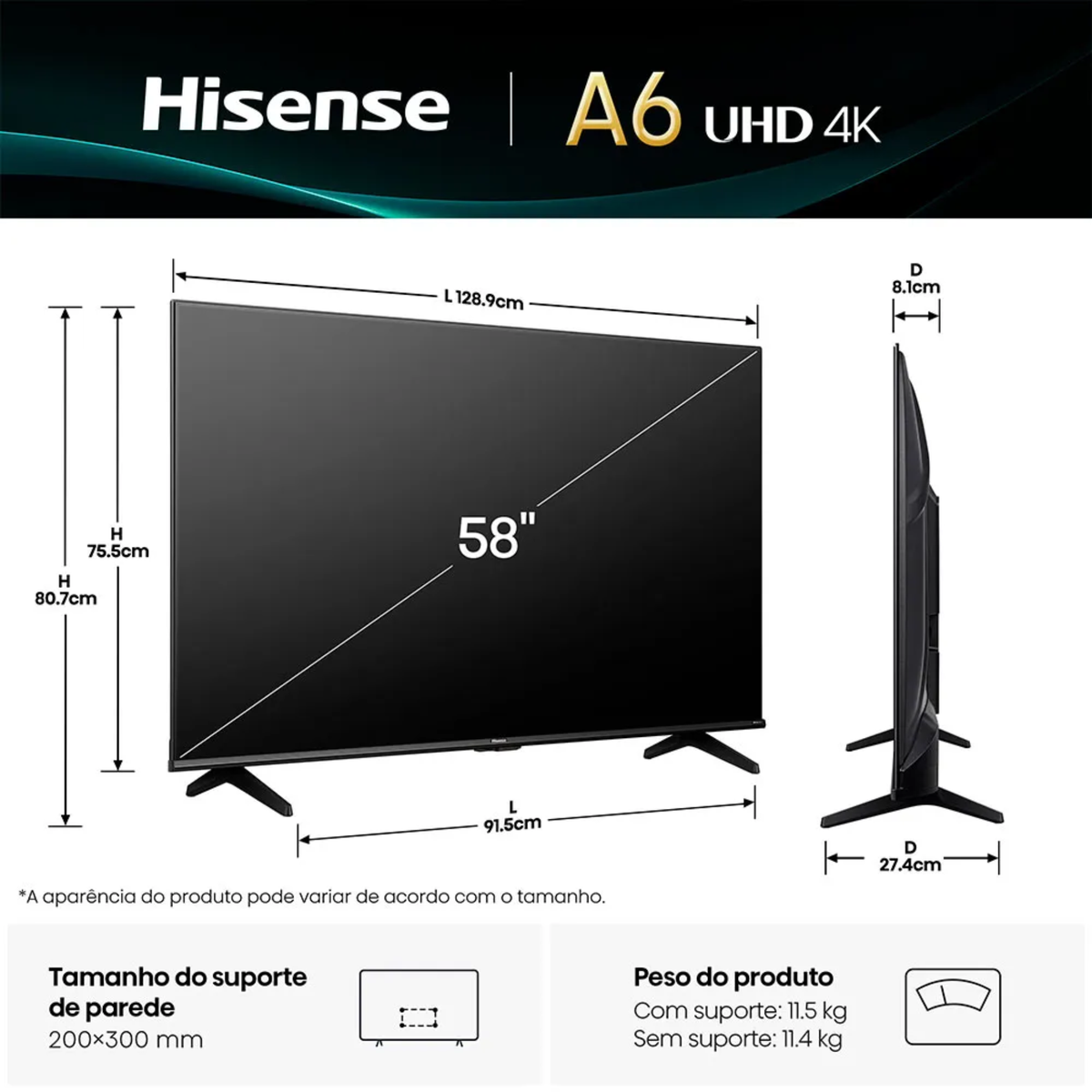 Smart TV DLED 58" 4K Hisense 58A6NV Modo Game Plus Bivolt