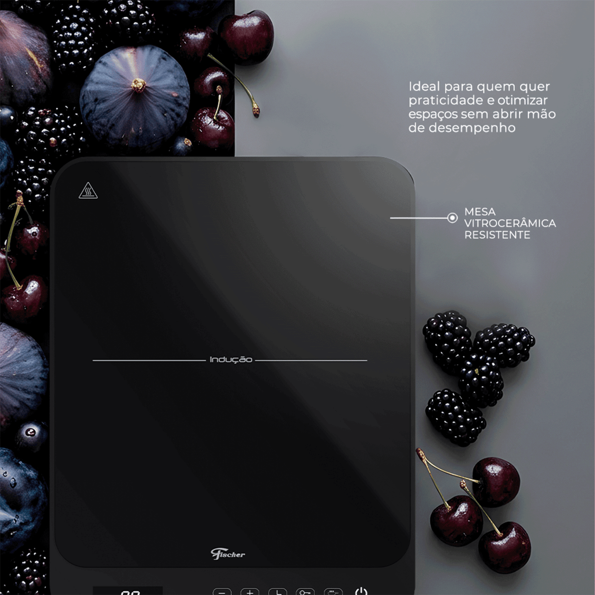 Cooktop Indução Portátil Fischer 1 Boca Mesa Vitrocerâmica Touch Screen Cinza Bivolt