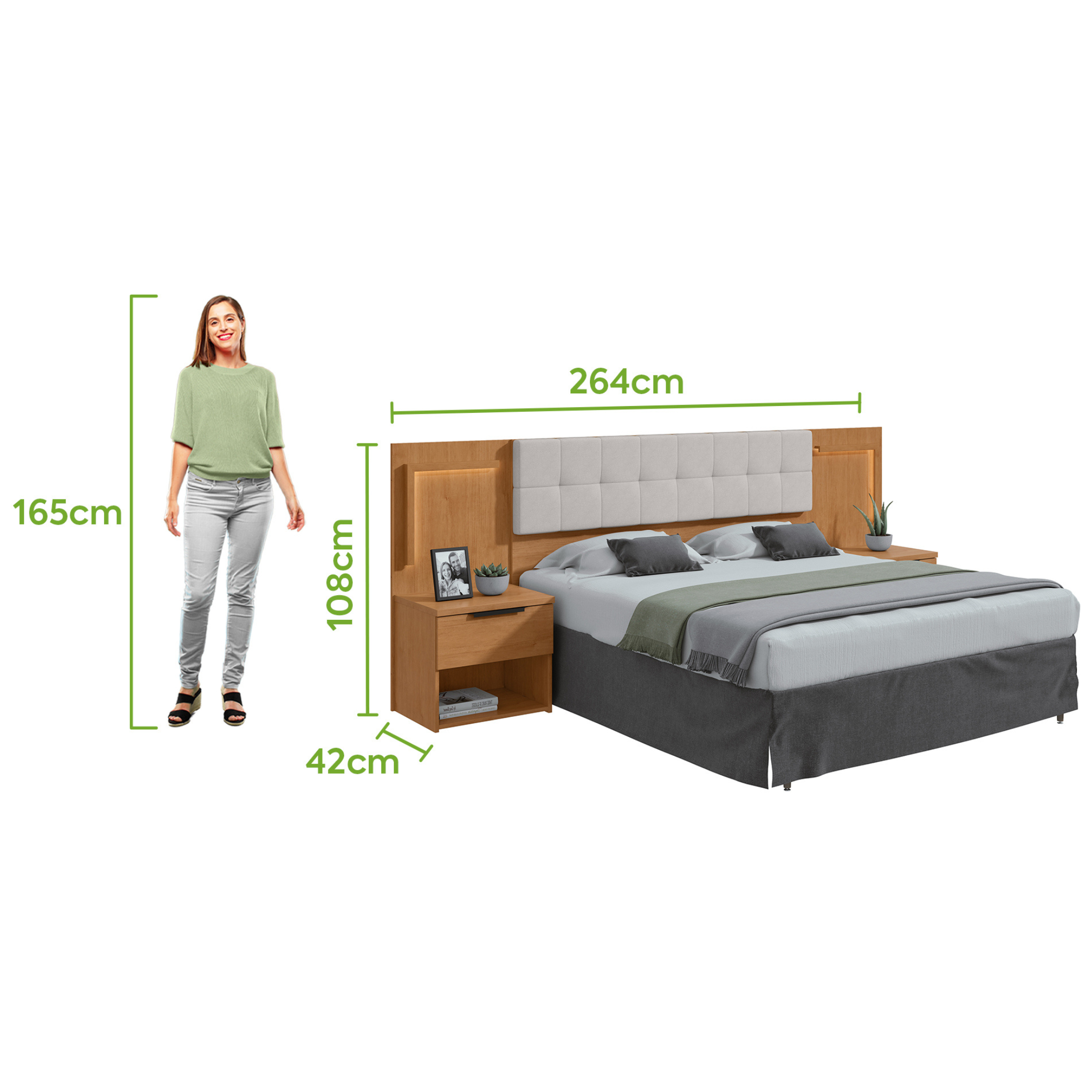 Cabeceira Calitan Queen Lopas 158cm com Mesas Laterais e Led Amêndoa e Off White