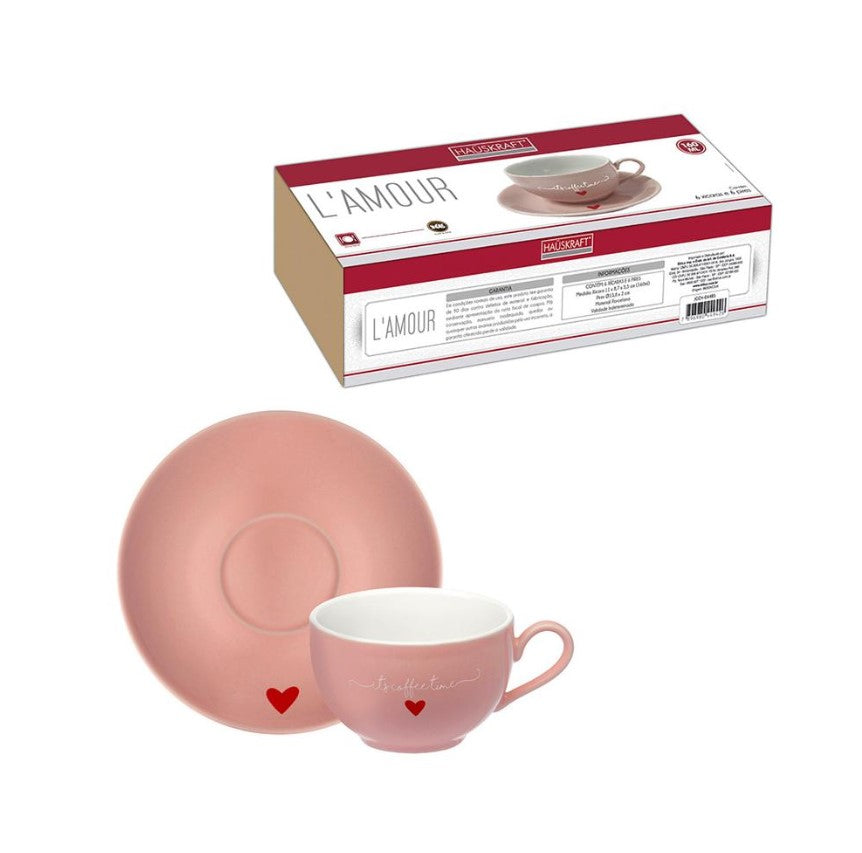 Jogo de Xícara Para Chá De Porcelana Com Pires  Etilux  L'amour 6 Peças  160 ml Rosa