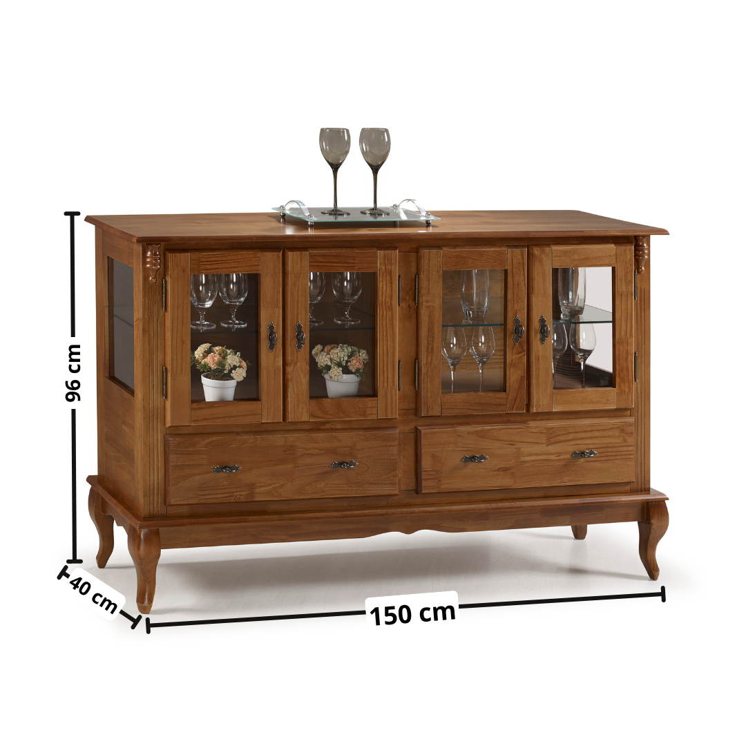 Cristaleira Baixa Rústica Linz 150x96cm 4 Portas 2 Gavetas 100% Madeira Maciça Imbuia