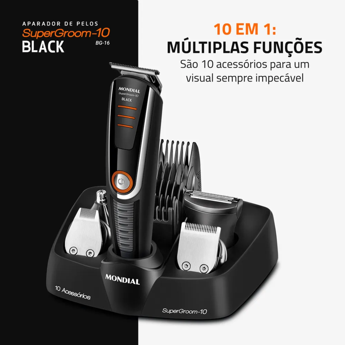 Aparador de Pelos BG-16 Mondial Super Groom 10 em 1 Preto e Laranja Bivolt