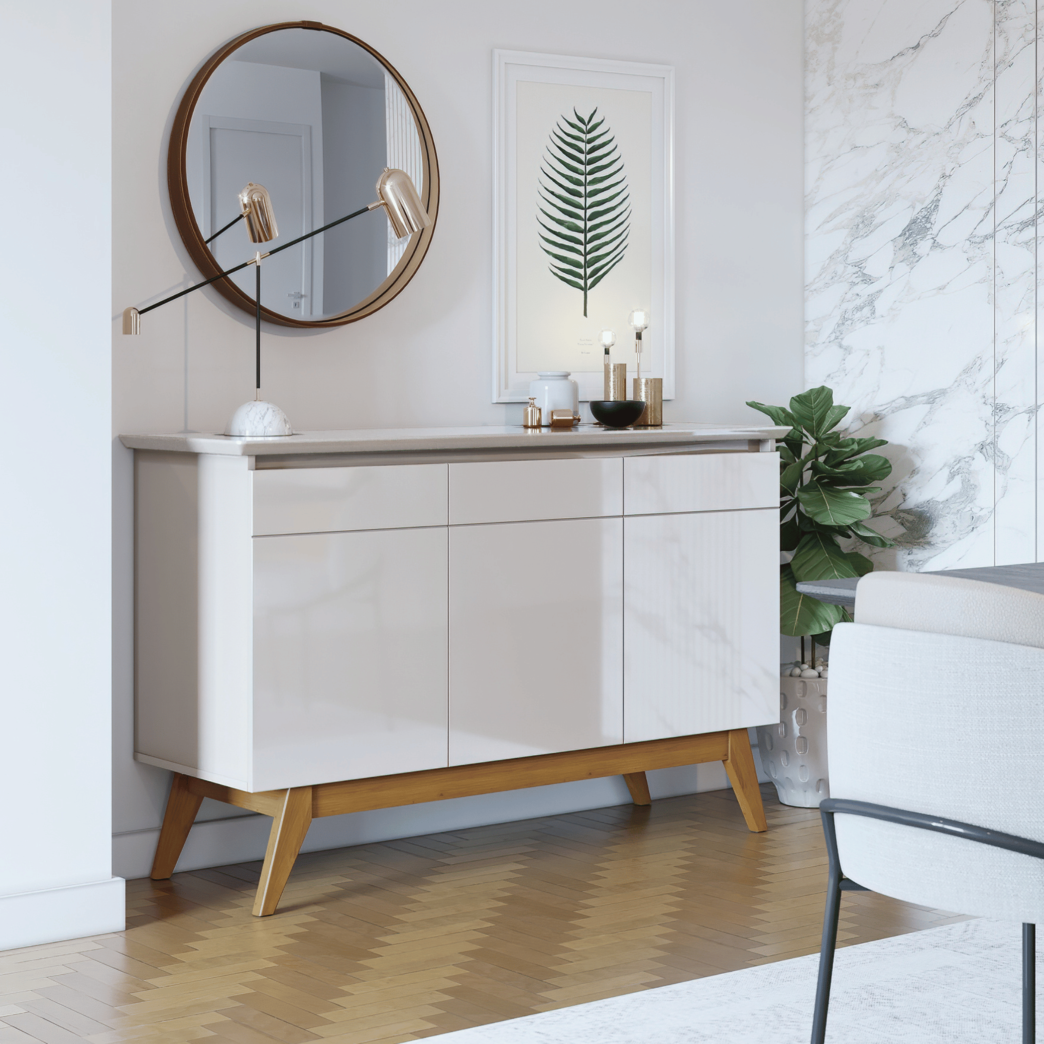 Balcão Buffet Classic Imcal 125cm 3 Portas Off White e Freijó