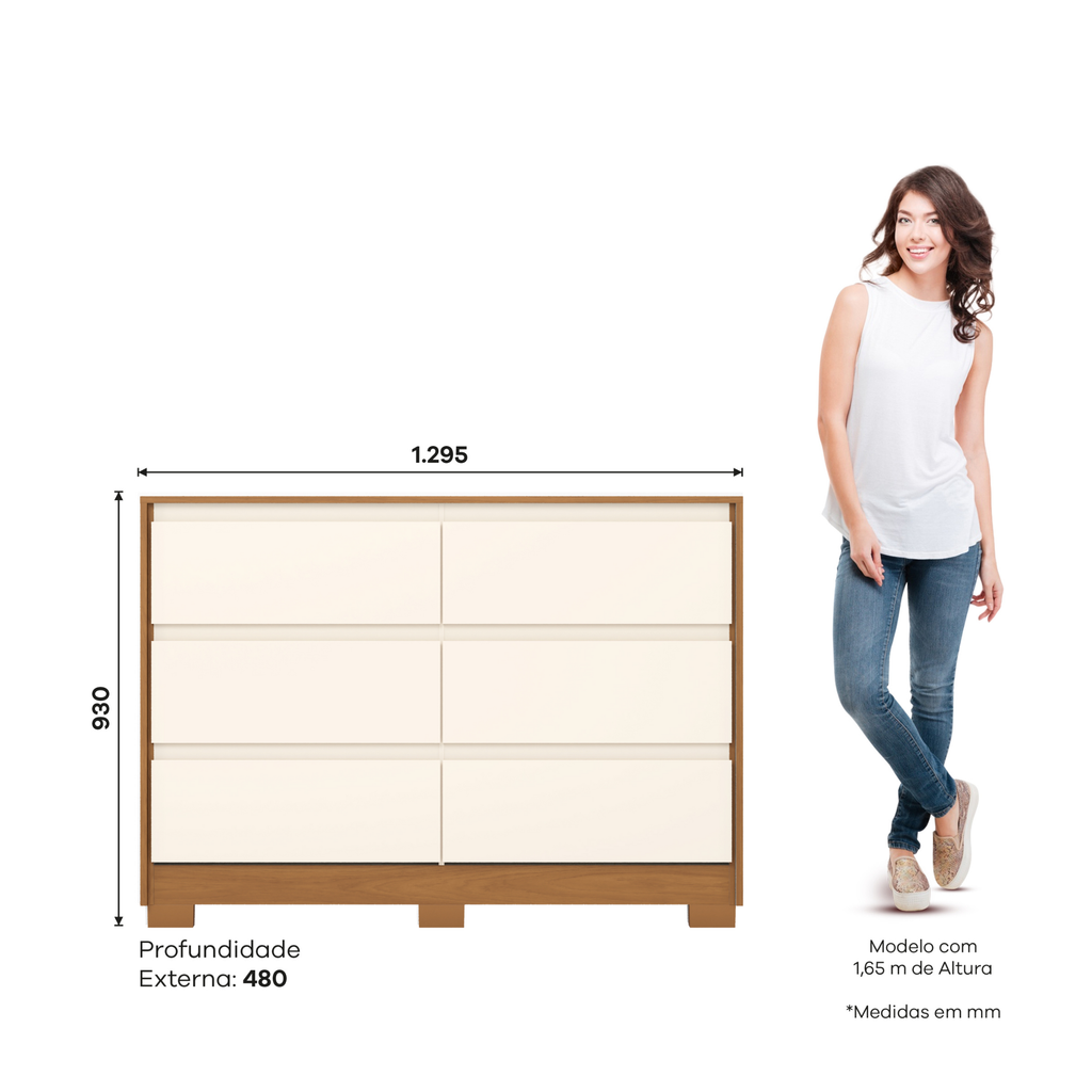Cômoda Ravenna Henn 129cm 6 Gavetas Cinamomo e Off White