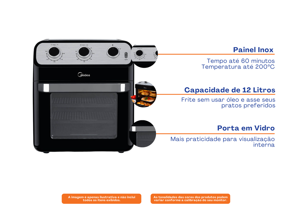 Fritadeira Elétrica Sem Óleo Air Fryer Midea 12L com Forno Ovenfryer Inox e Preto 220V