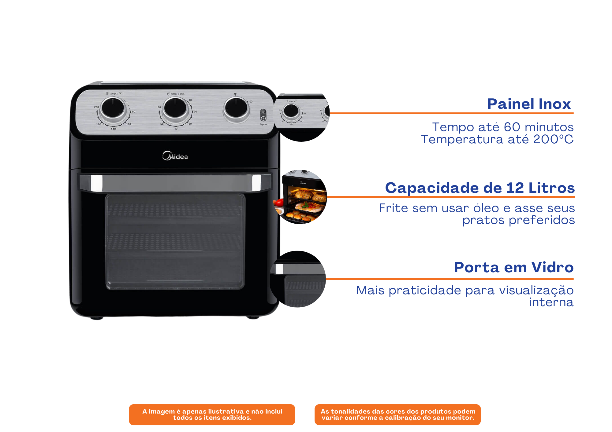 Fritadeira Elétrica Sem Óleo Air Fryer Midea 12L com Forno Ovenfryer Inox e Preto 220V