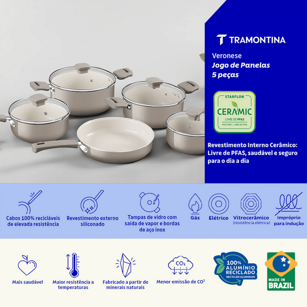 Jogo de Panelas Tramontina Veronese 5 Peças em Revestimento Cerâmico Antiaderente  Bege