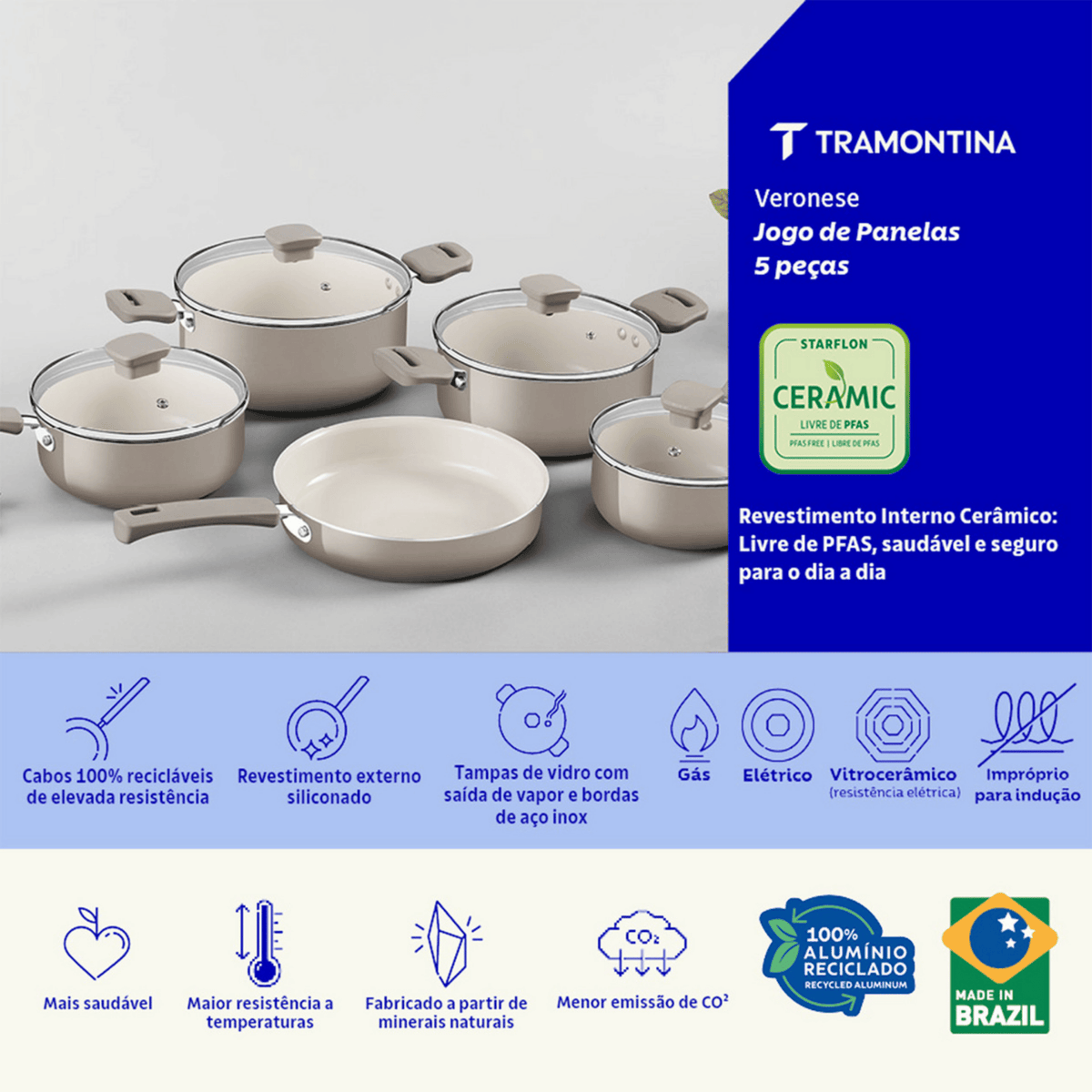Jogo de Panelas Tramontina Veronese 5 Peças em Revestimento Cerâmico Antiaderente  Bege