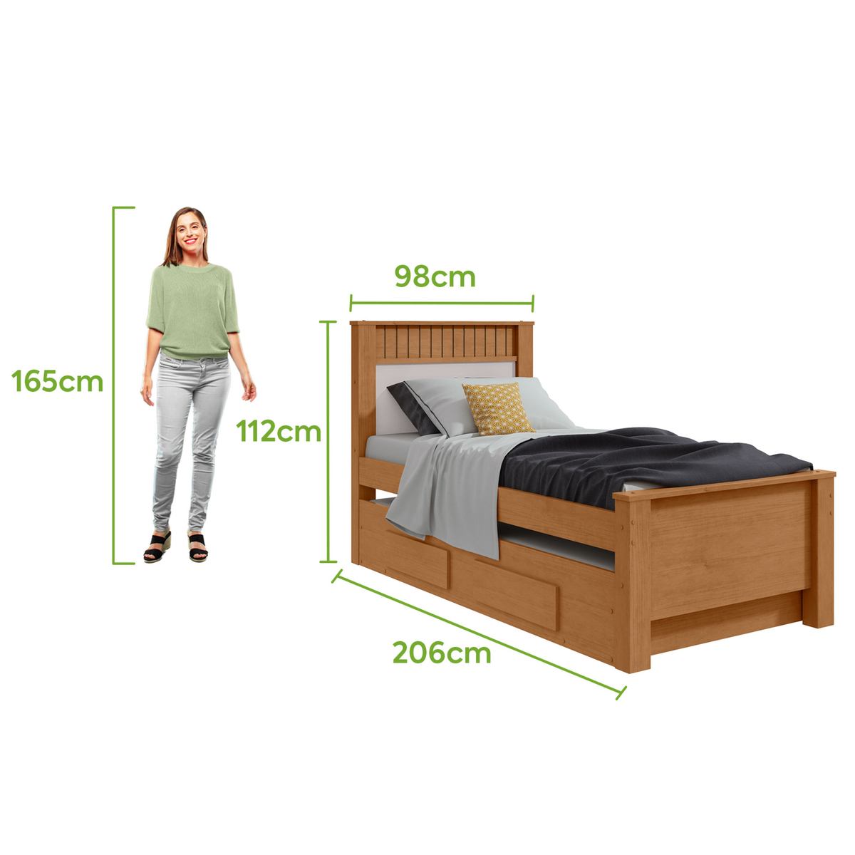 Cama Solteiro Bibox Athenas Lopas Cama Auxiliar e 2 Gavetas Amêndoa e Off White