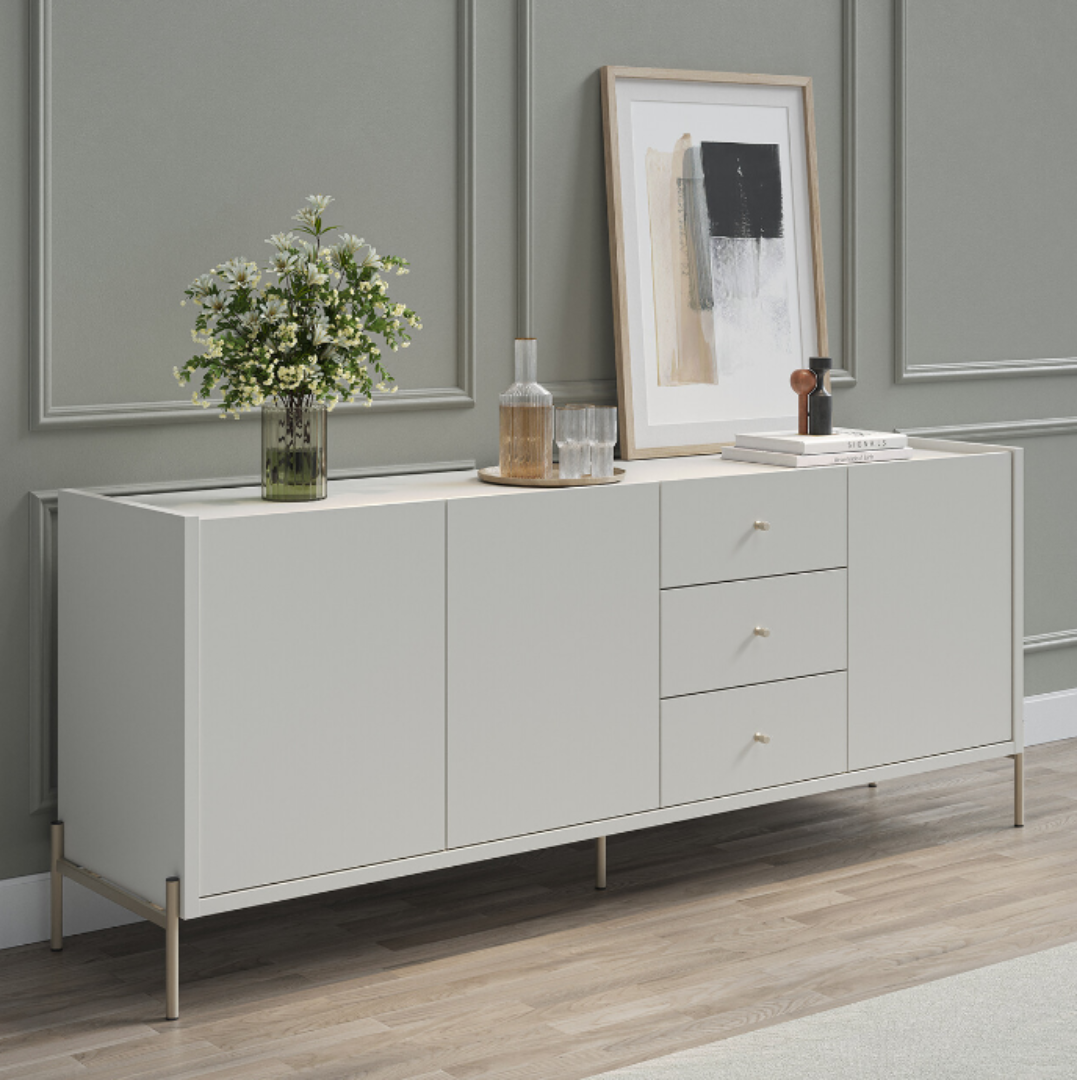 Balcão Buffet Jasper Província 184cm 3 Portas 3 Gavetas Champanhe e Off White