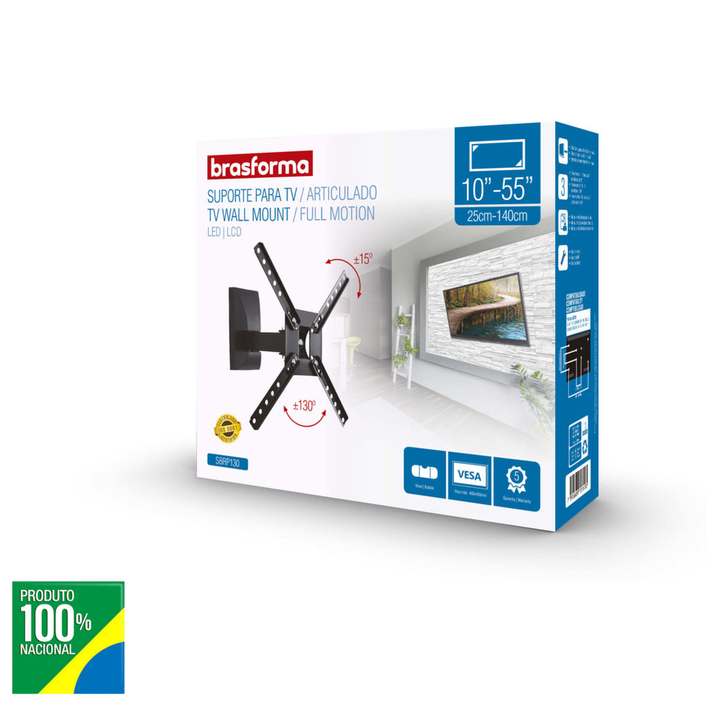 Suporte de Parede Articulado Brasforma SBRP-130 para TVs de 10 a 55" LCD, LED, Plasma e 3D Preto