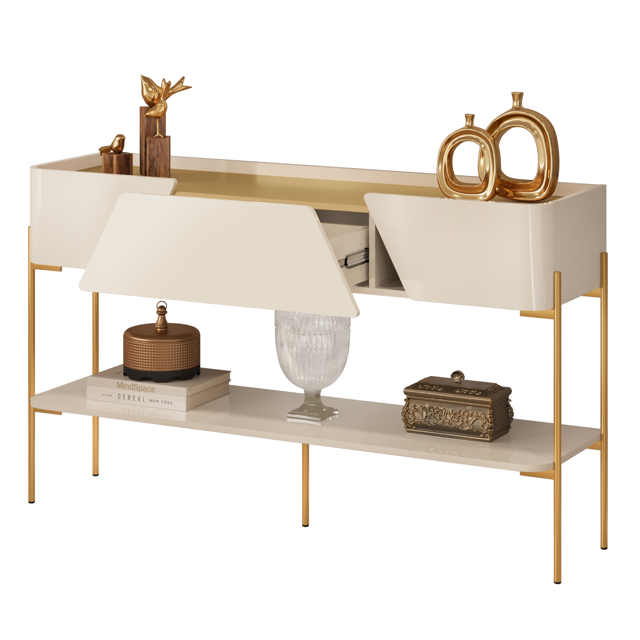 Aparador Liara DJ Móveis 140cm 1 Gaveta Off White Pés em Dourado