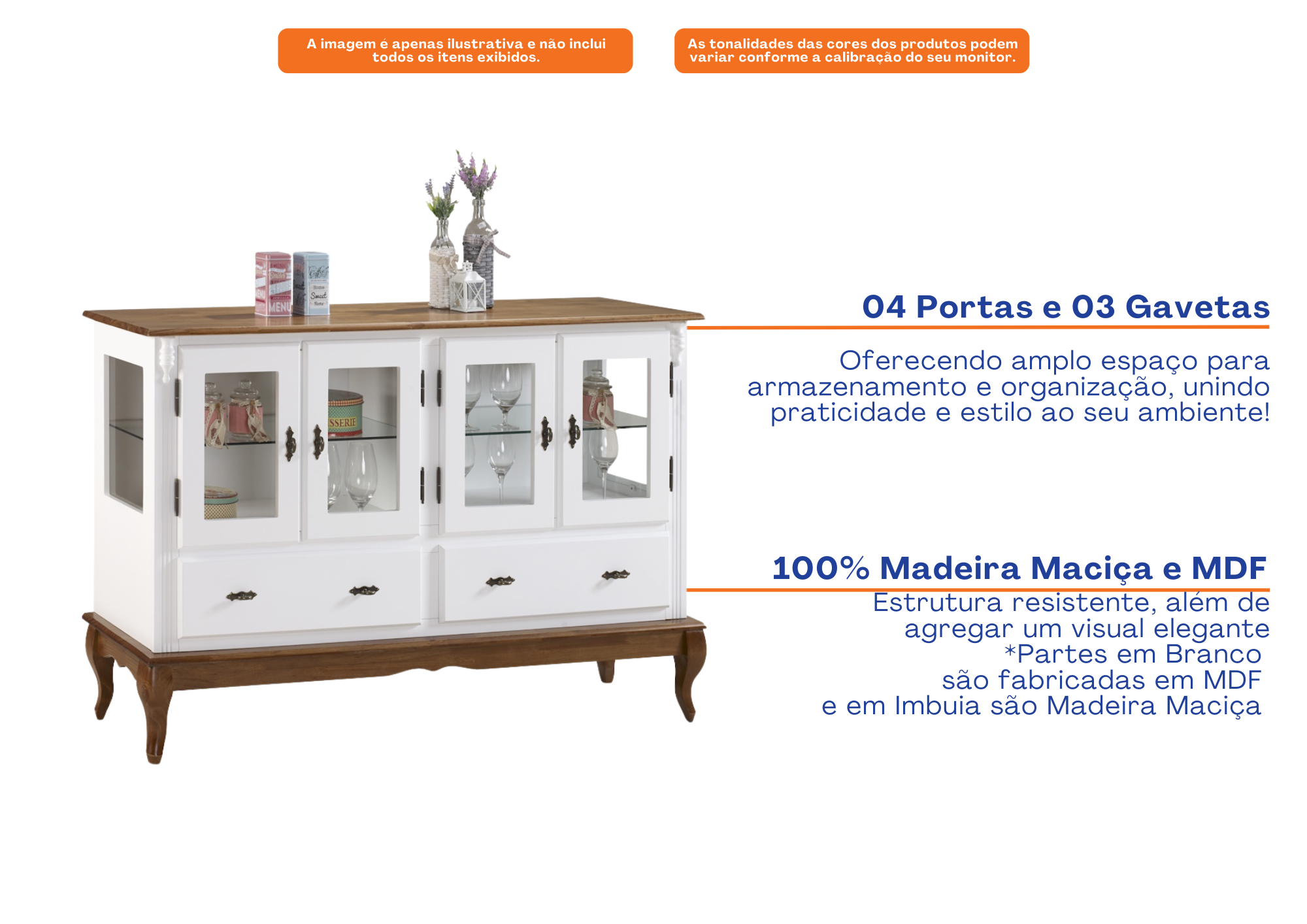 Cristaleira Baixa Rústica Linz 150x96cm 4 Portas 2 Gavetas Branco e Imbuia