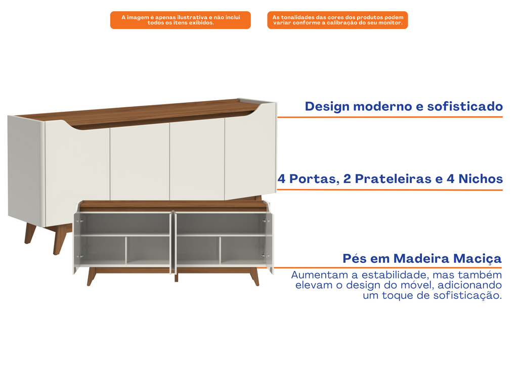 Balcão Buffet Pulse Província 180cm 4 Portas Off White e Canella