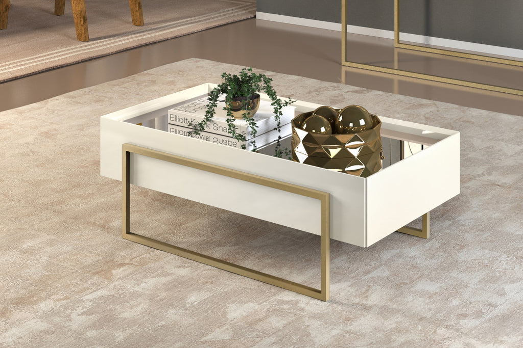 Mesa de Centro Pilar DJ Móveis 91Cm com Espelho Pé em Metal Dourado Off White