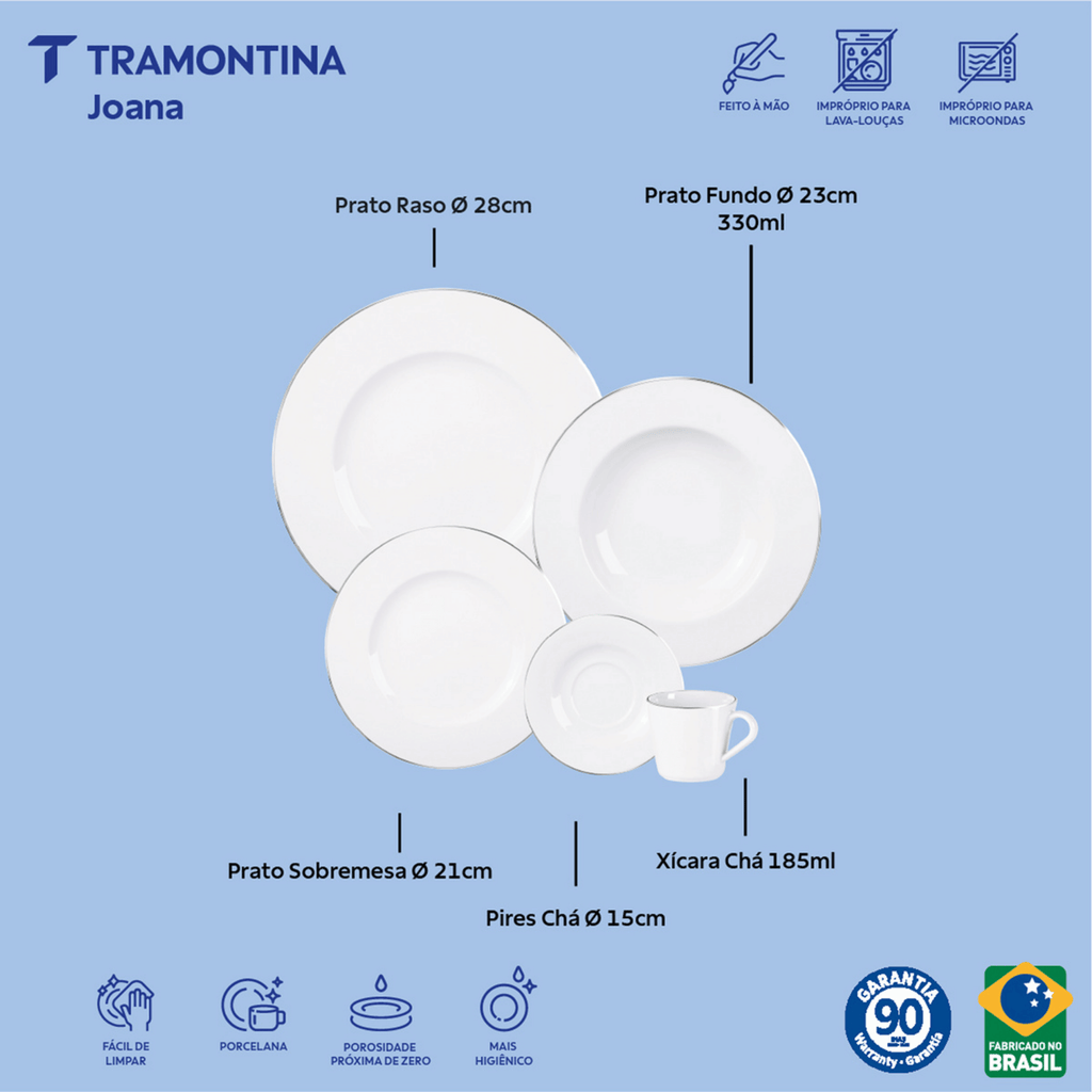Aparelho de Jantar e Chá 30 Peças Joana em Porcelana Decorada Branca