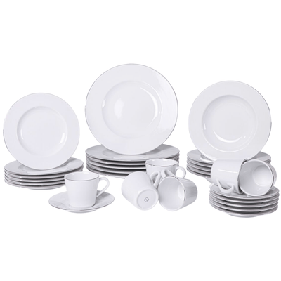 Aparelho de Jantar e Chá 30 Peças Joana em Porcelana Decorada Branca