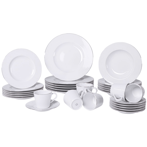 Aparelho de Jantar e Chá 30 Peças Joana em Porcelana Decorada Branca