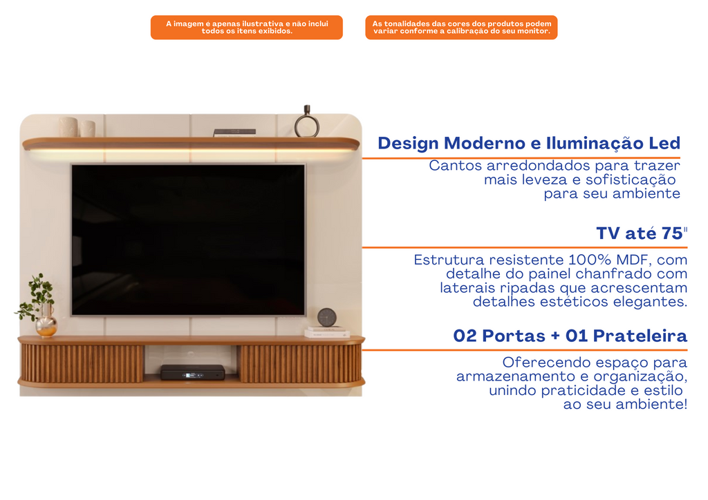 Painel Capri com Led 215cm DJ Móveis Off White e Freijó