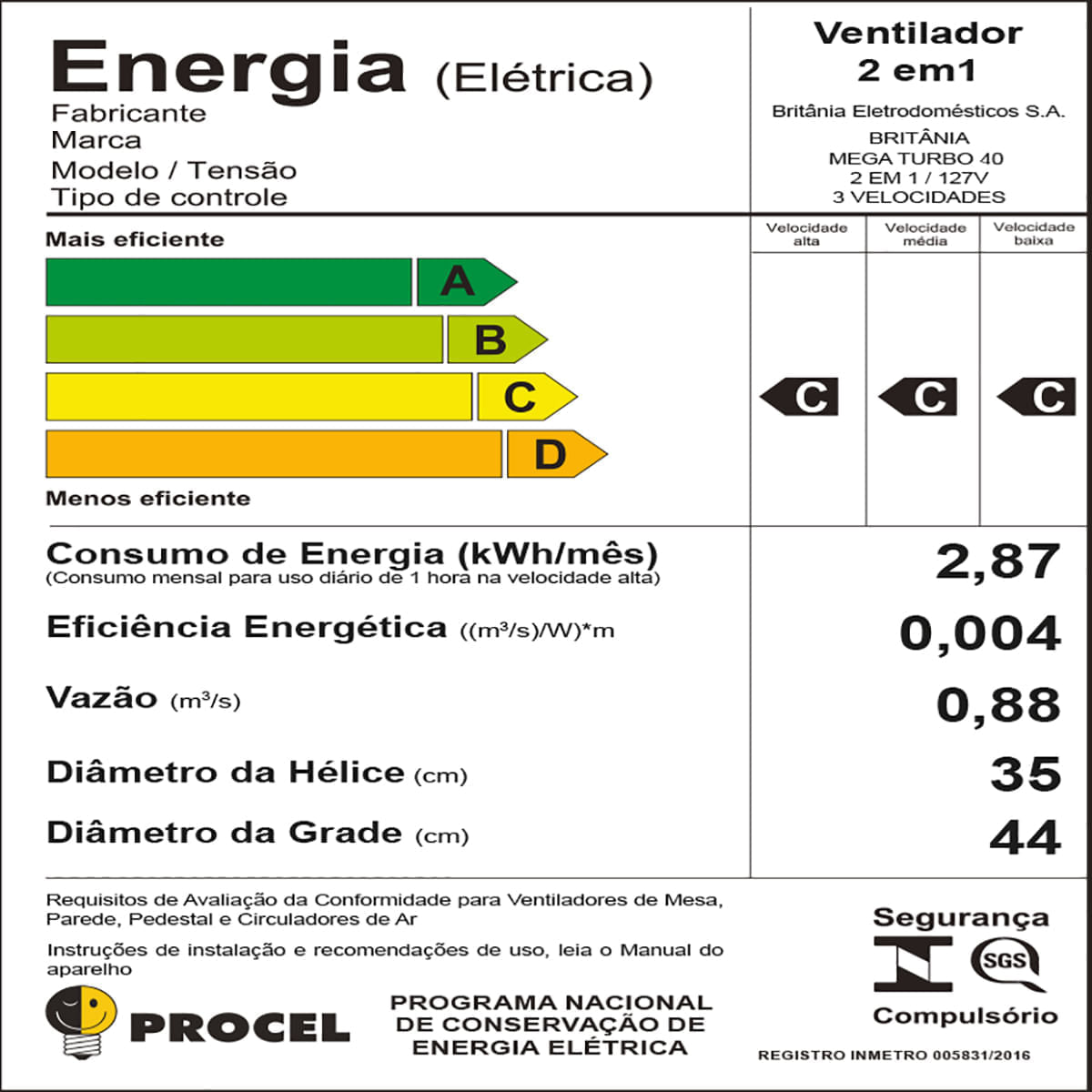 Ventilador de Coluna Britânia Mega Turbo 40 Six 3 Velocidades 40cm Preto 220V