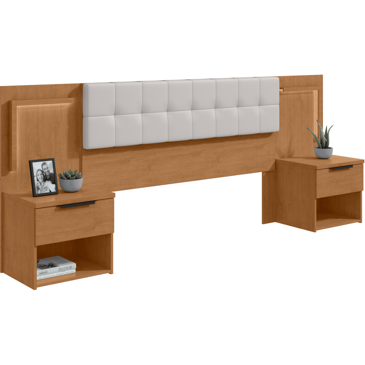 Cabeceira Calitan Queen Lopas 158cm com Mesas Laterais e Led Amêndoa e Off White