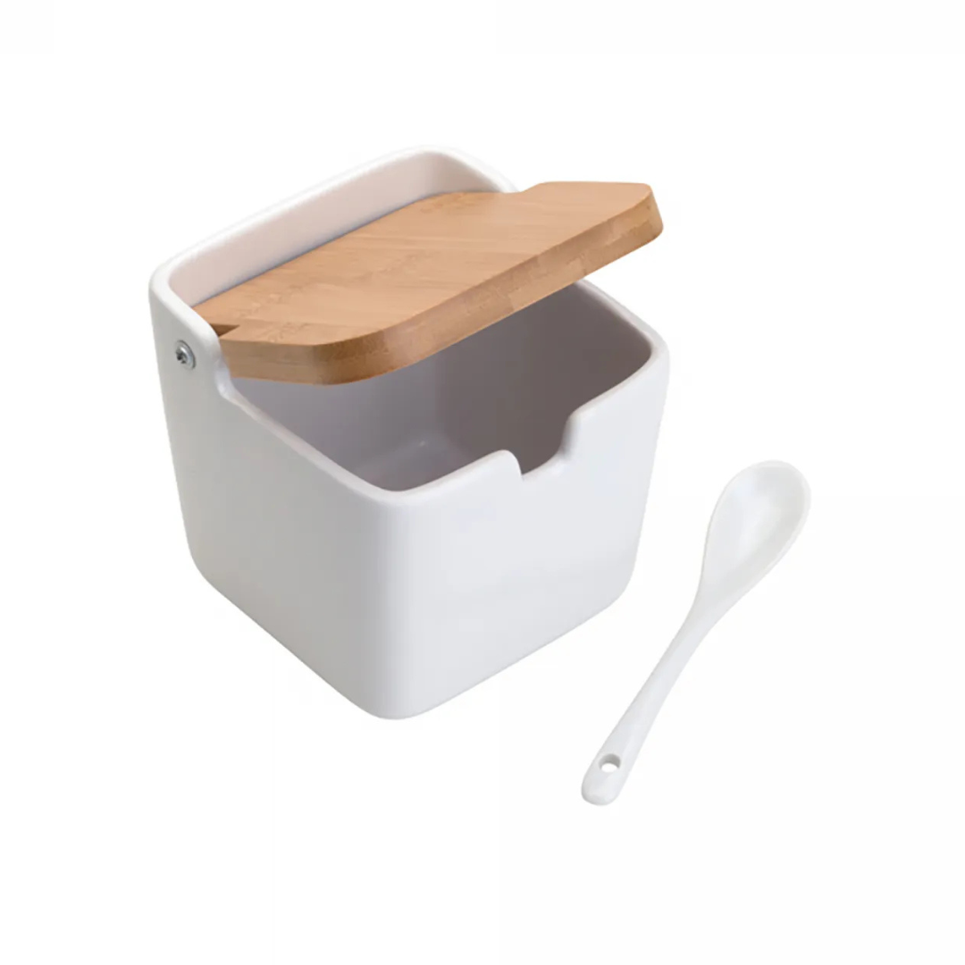 Saleiro de Mesa de Cerâmica Coliseu com Tampa de Bambu e Colher