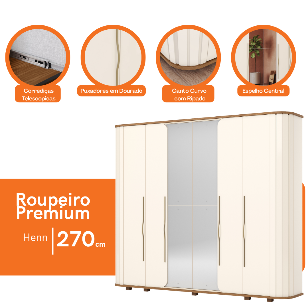 Roupeiro Premium Henn 270cm 6 Portas com Espelho Off White e Nature