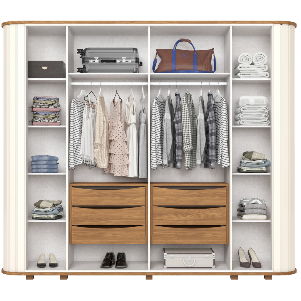Roupeiro Premium Henn 270cm 6 Portas com Espelho Off White e Nature
