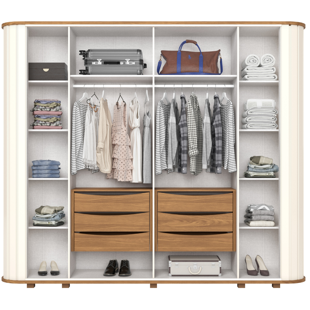 Roupeiro Premium Henn 270cm 6 Portas com Espelho Off White e Nature