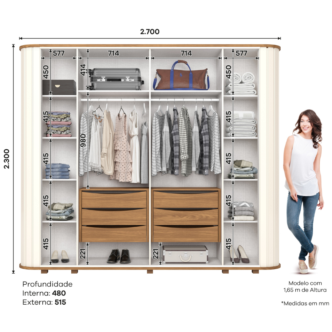Roupeiro Premium Henn 270cm 6 Portas com Espelho Off White e Nature