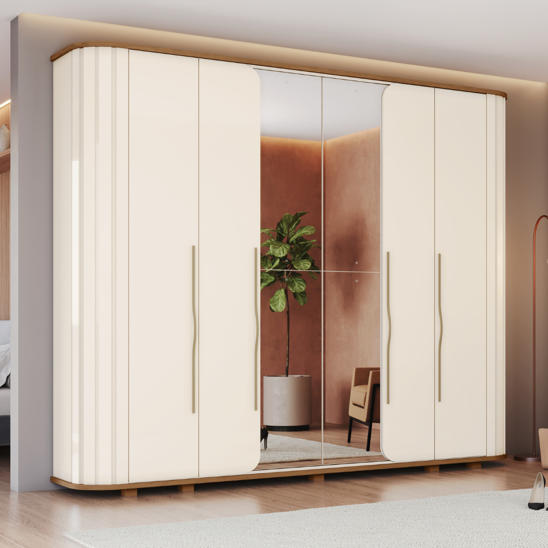 Roupeiro Premium Henn 270cm 6 Portas com Espelho Off White e Nature