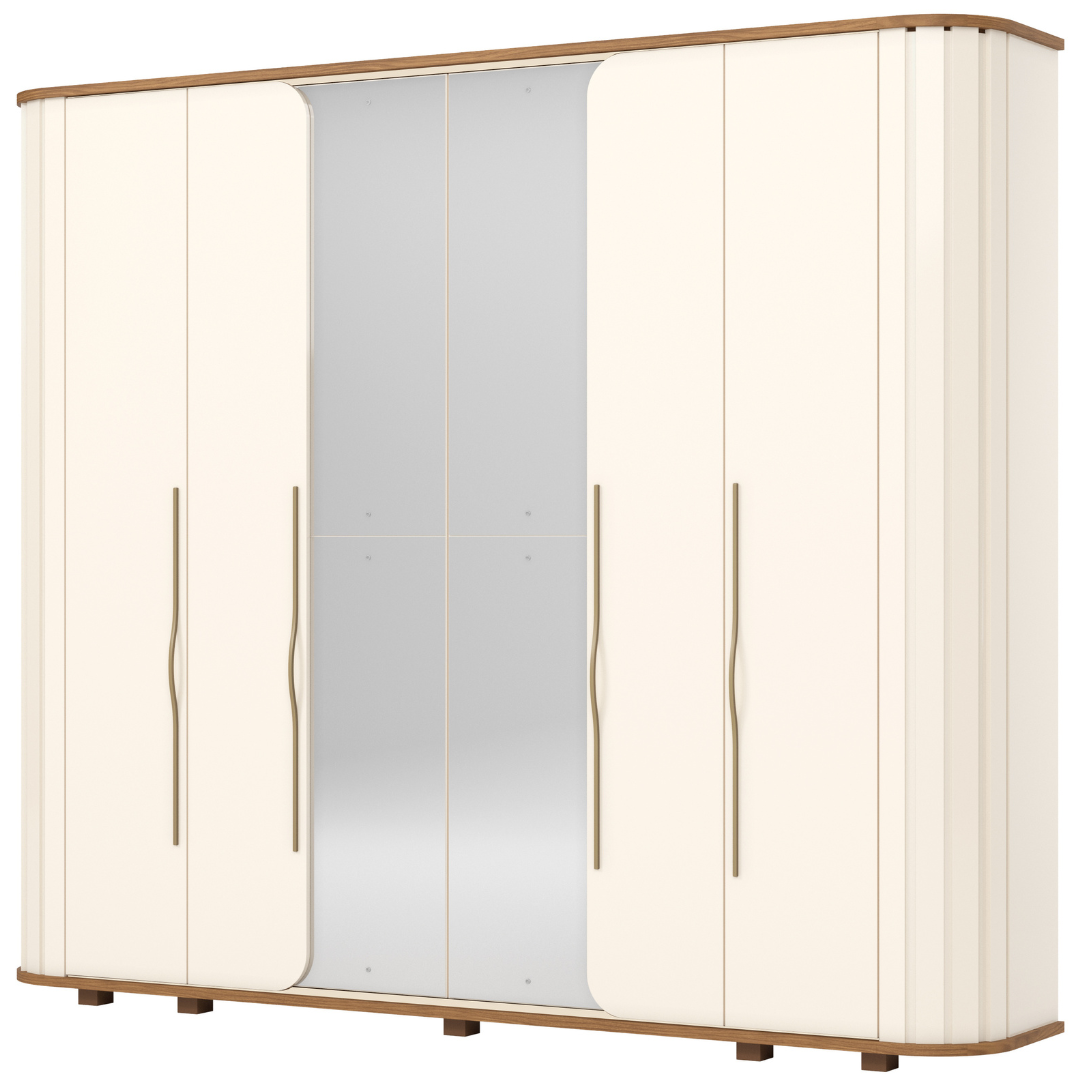 Roupeiro Premium Henn 270cm 6 Portas com Espelho Off White e Nature