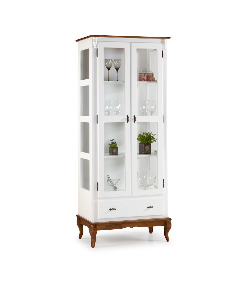 Cristaleira Rústica Linz 90cm 2 Portas e 1 Gaveta Branco e Imbuia
