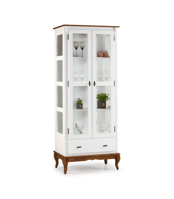 Cristaleira Rústica Linz 90cm 2 Portas e 1 Gaveta Branco e Imbuia