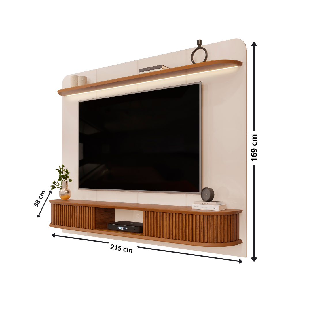 Painel Capri com Led 215cm DJ Móveis Off White e Freijó